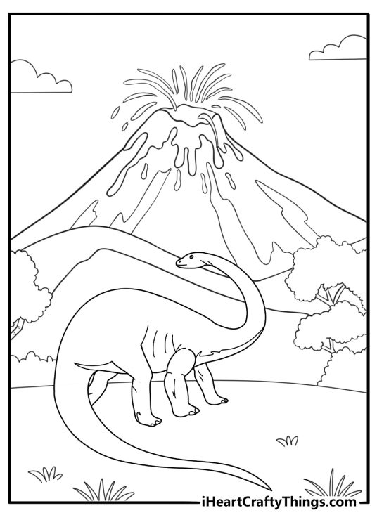 Brontosaurus next to volcano background coloring sheet