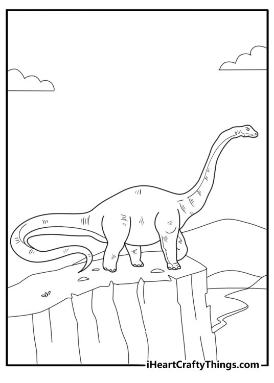 Brontosaurus on a cliff looking at the valley coloring sheet