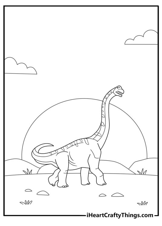 Brontosaurus silhouette against sunset simple coloring page