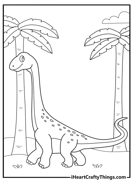Brontosaurus under tall ferns simple cartoon coloring page