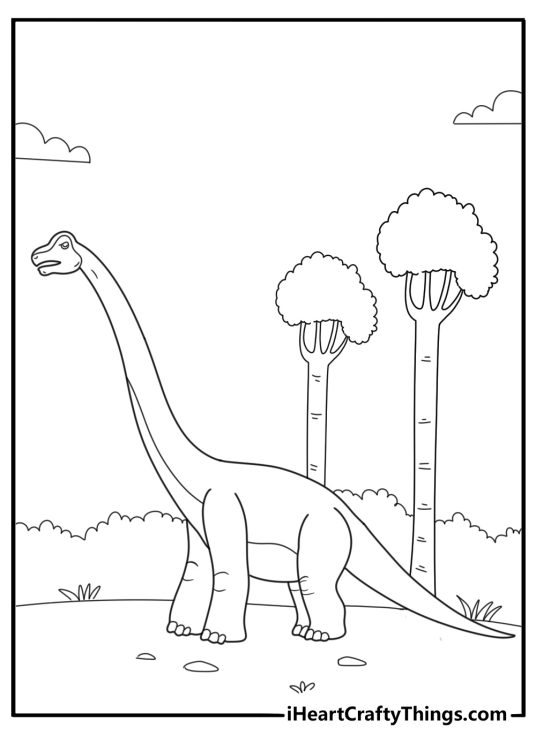 Brontosaurus walking through a forest easy coloring page for kids