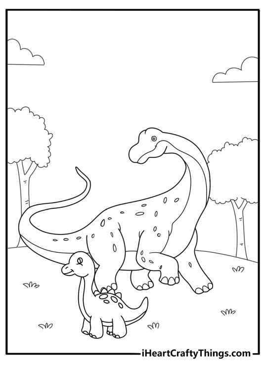 Brontosaurus walking with smaller dinosaur coloring sheet