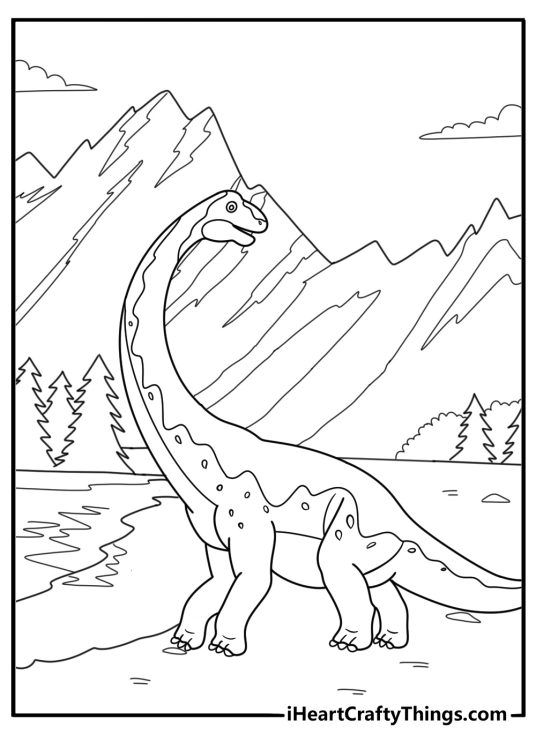Brontosaurus with clouds and mountains background coloring page