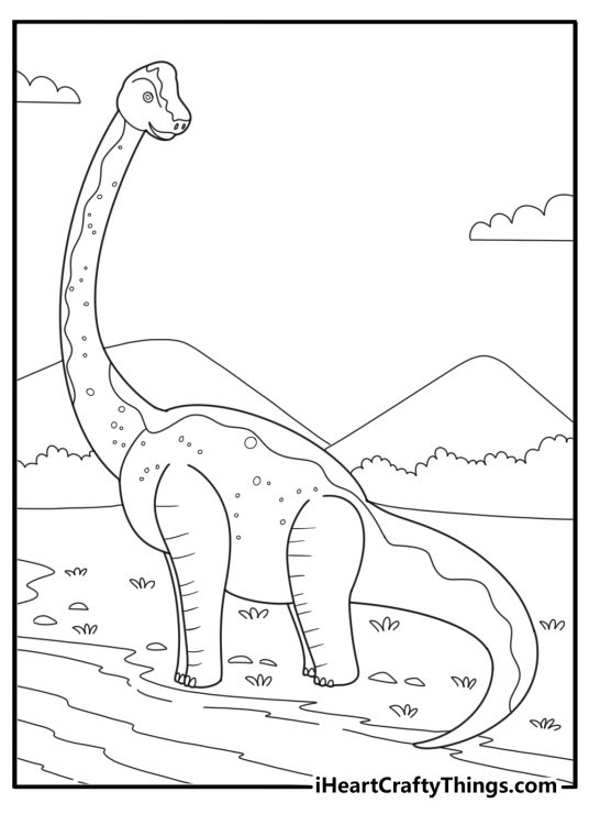 Brontosaurus with long neck by a river simple coloring page