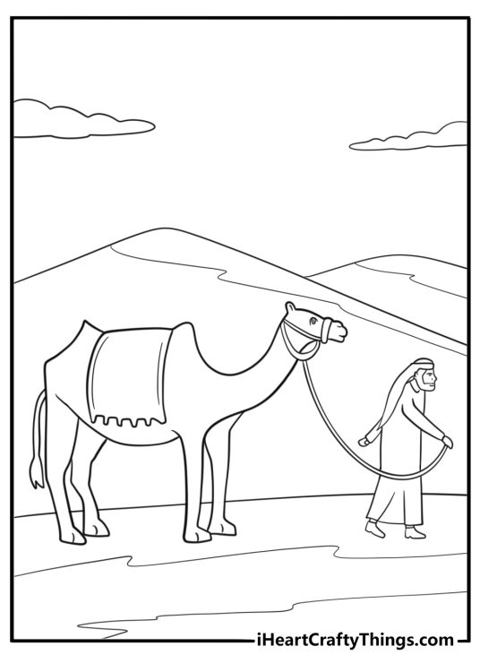 Camel traveling with a caravan detailed landscape coloring sheet