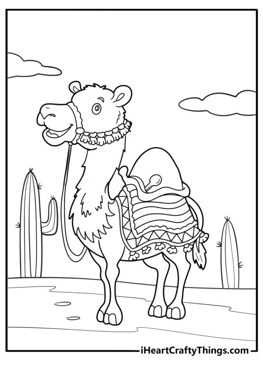 Camel walking past cactus plants easy nature scene coloring sheet