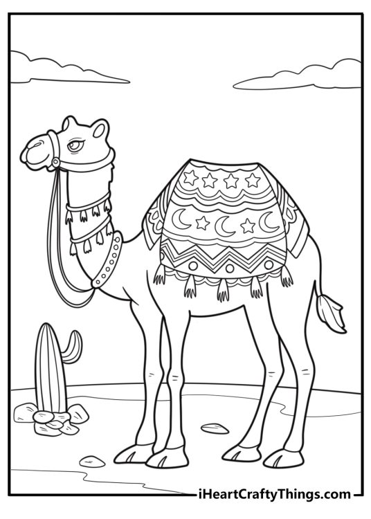 Camel with patterned blanket on its back cultural style coloring page