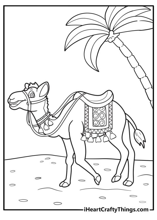 Camel with saddle and ropes traditional coloring page