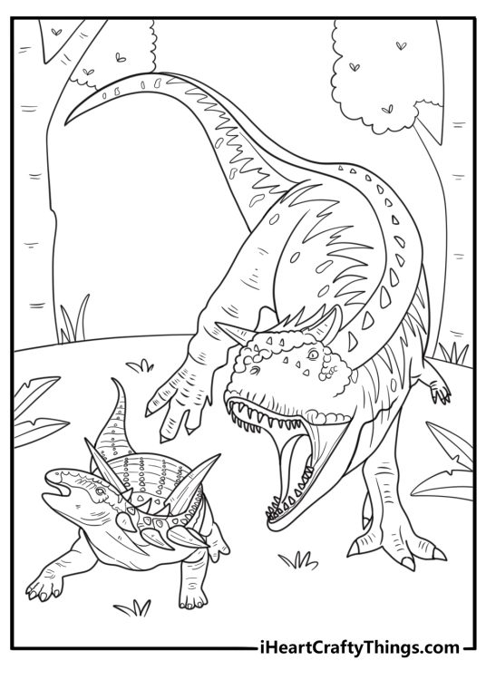 Carnotaurus chasing a smaller dinosaur action coloring sheet