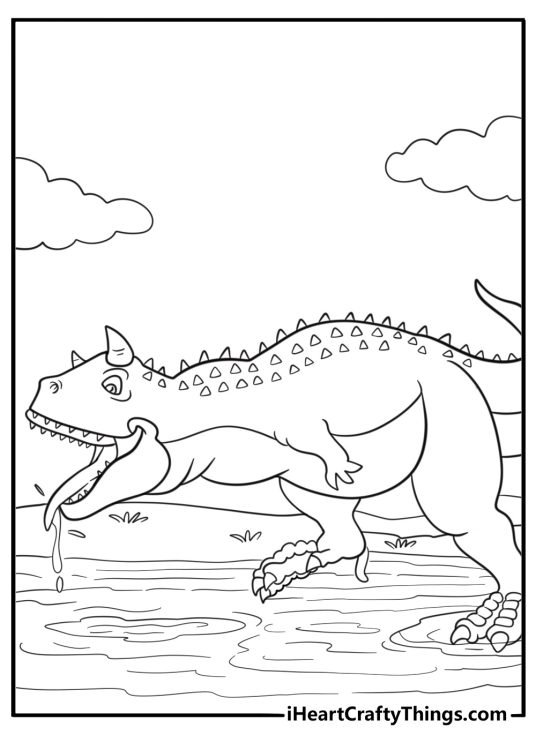 Carnotaurus drinking from a river nature themed coloring page
