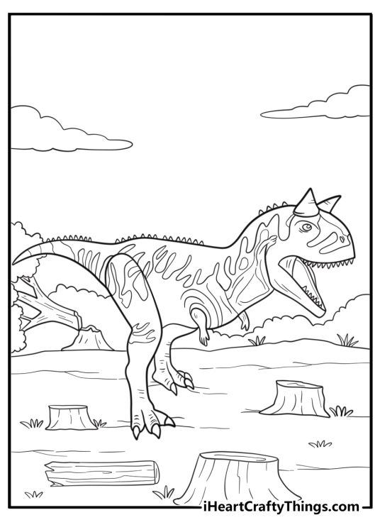 Carnotaurus near fallen trees in destroyed forest coloring page