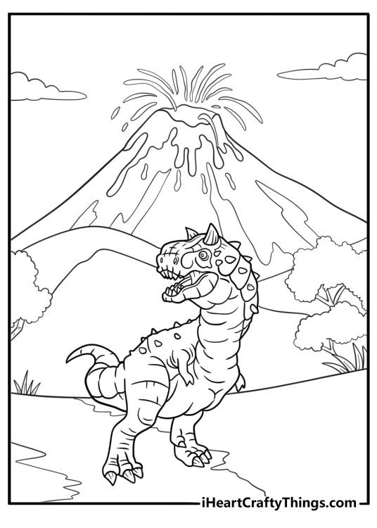 Carnotaurus next to a volcano with lava flow coloring sheet