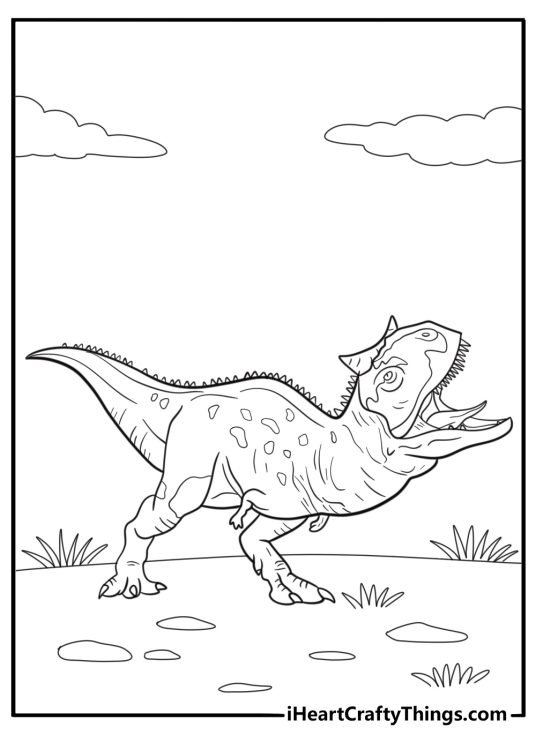 Carnotaurus roaring at the sky in open plain coloring sheet