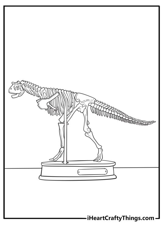 Carnotaurus skeleton display museum style coloring sheet for kids