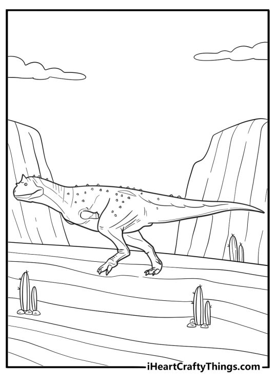 Carnotaurus standing in a rocky desert landscape coloring page