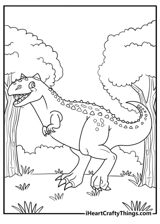 Carnotaurus walking through a forest easy coloring page for kids