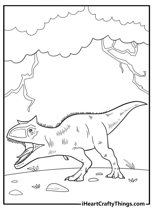 Carnotaurus walking under stormy skies dramatic coloring sheet