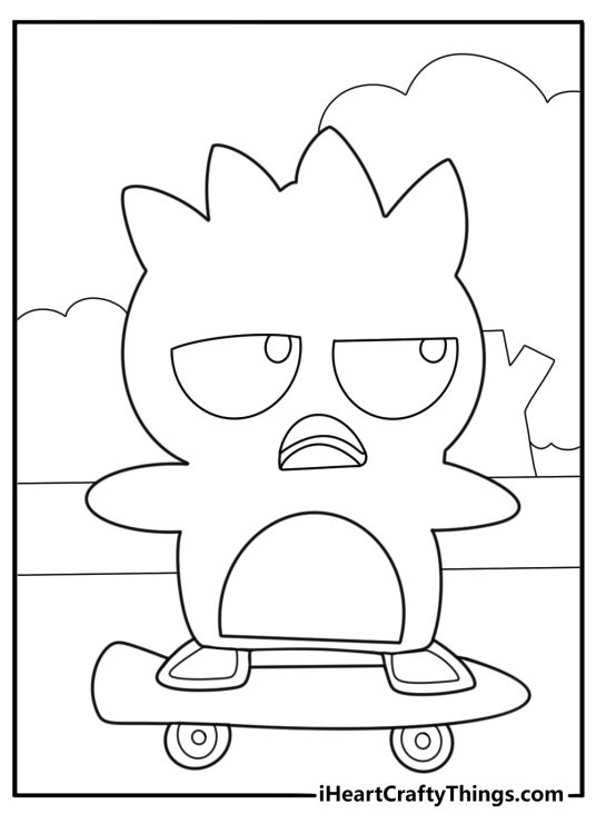 Cartoon badtz maru riding a skateboard fun coloring sheet