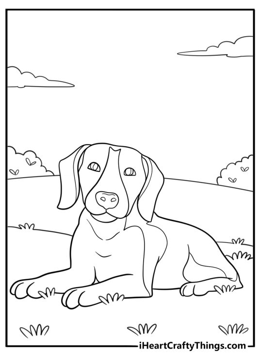 Cartoon beagle sitting in a grassy field fun coloring sheet
