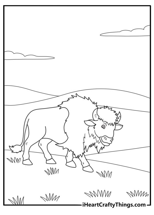 Cartoon bison walking through the prairie fun coloring sheet