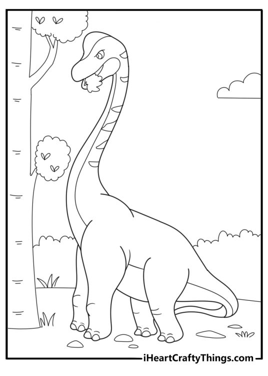 Cartoon brontosaurus eating leaves from a tall tree coloring sheet
