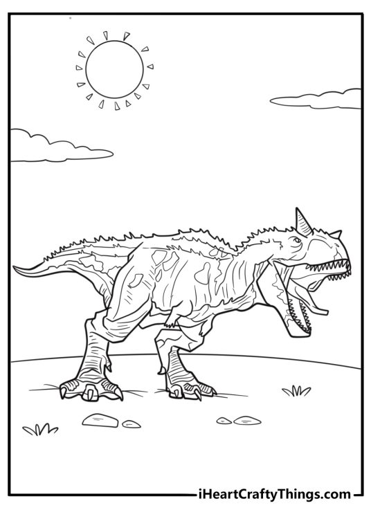 Cartoon carnotaurus roaring with mouth open fun coloring sheet