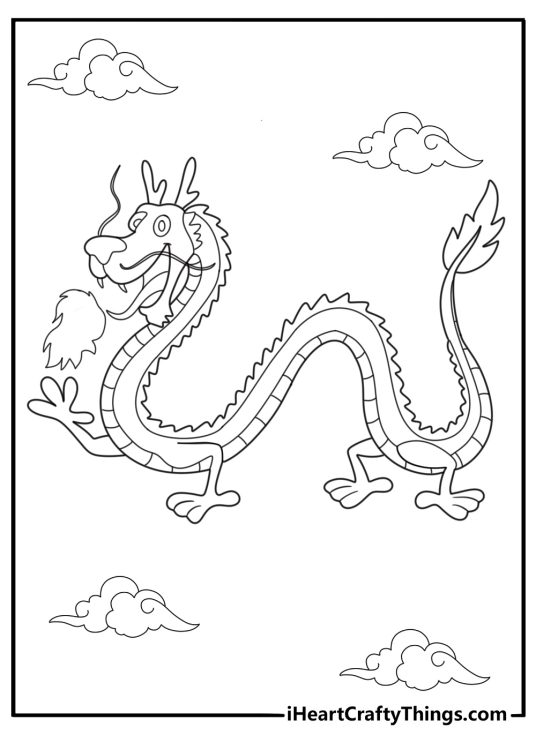 Cartoon chinese dragon breathing fire coloring page for kids