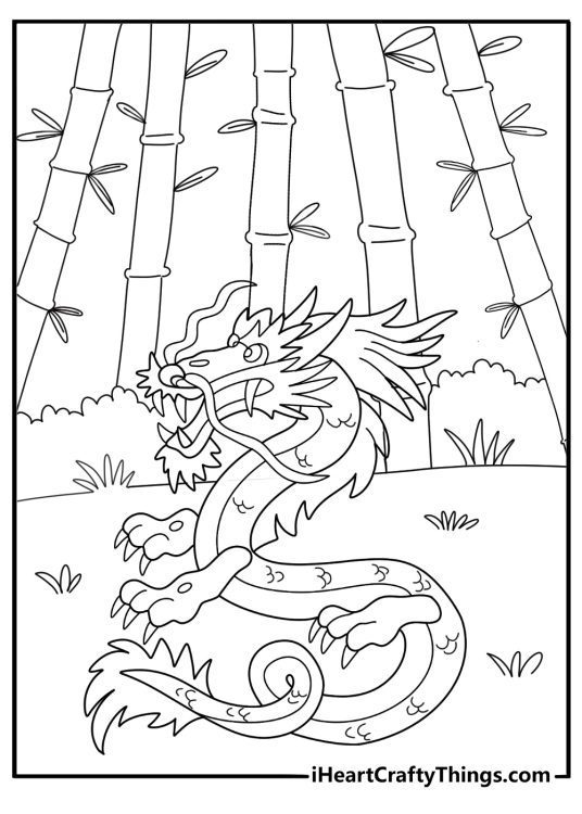 Cartoon chinese dragon walking through bamboo forest coloring sheet
