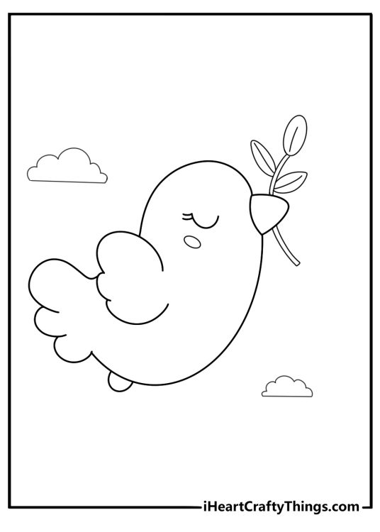 Cartoon dove carrying an olive branch peaceful coloring sheet
