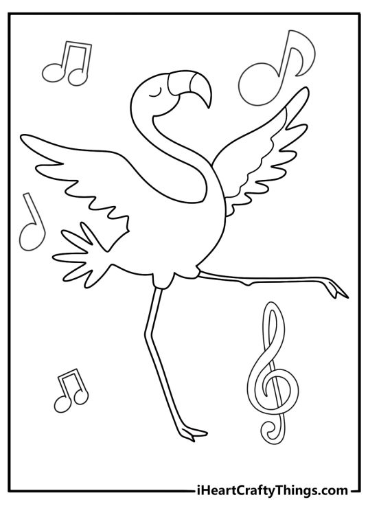 cartoon flamingo dancing with music notes fun coloring page