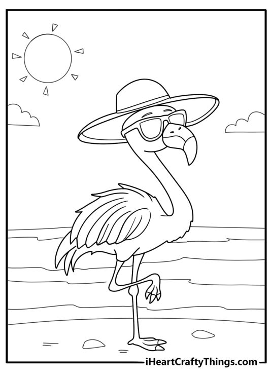 cartoon flamingo wearing sunglasses summer coloring page for kids