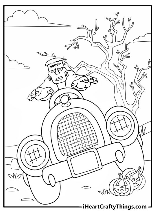 cartoon frankenstein driving a car funny halloween coloring page