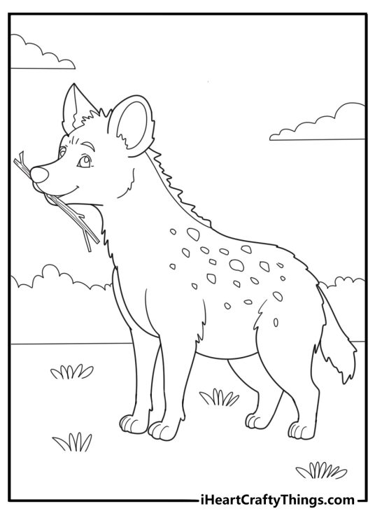 Cartoon hyena pup playing with a stick fun coloring sheet