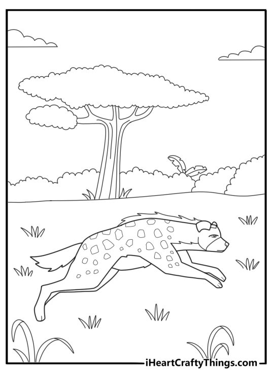 Cartoon hyena running across the savanna fun coloring sheet