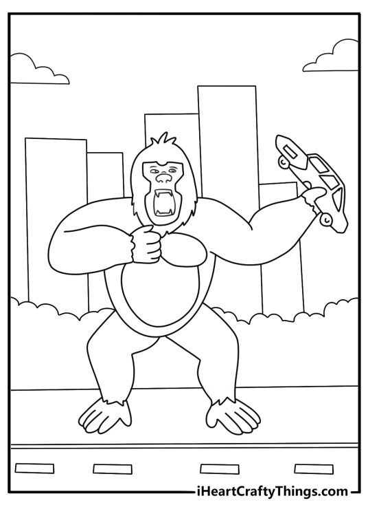 cartoon king kong holding car easy coloring page for kids
