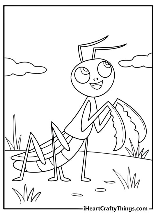 Cartoon mantis looking up fun coloring sheet