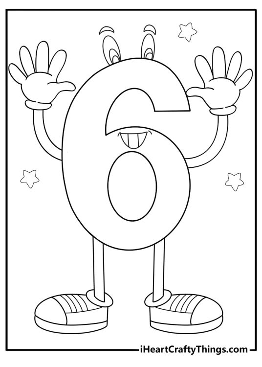 Cartoon number 6 with eyes and arms fun coloring sheet