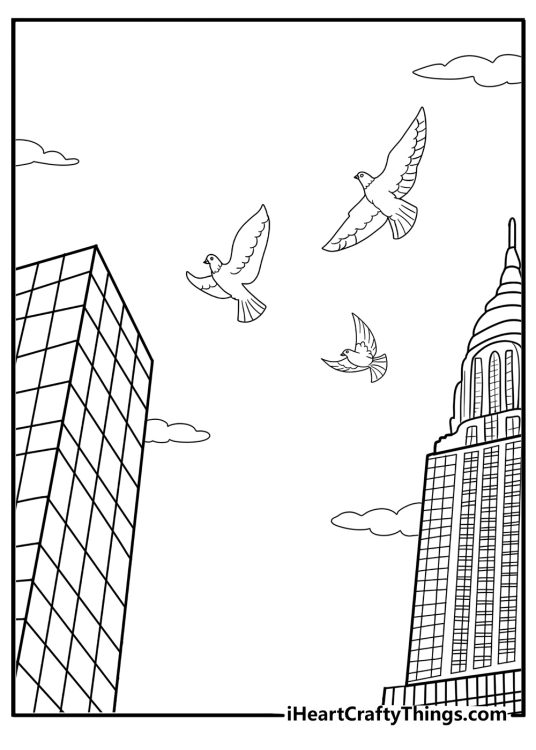 Cartoon pigeon flying between buildings fun coloring sheet