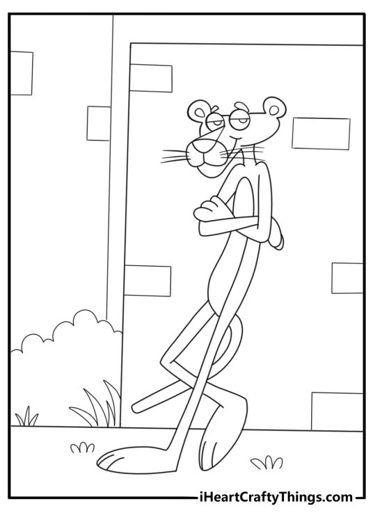 Cartoon pink panther leaning against a wall coloring sheet