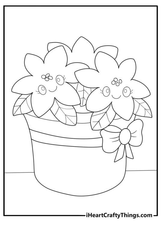Cartoon poinsettia plant with smiling face fun coloring sheet
