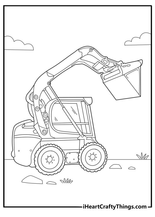 Cartoon skid steer with bucket raised fun coloring sheet