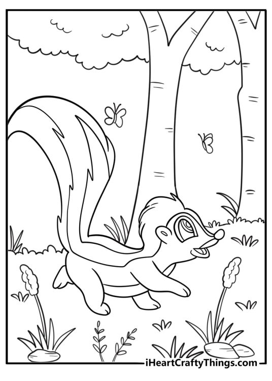 Cartoon skunk walking through the forest coloring page for kids
