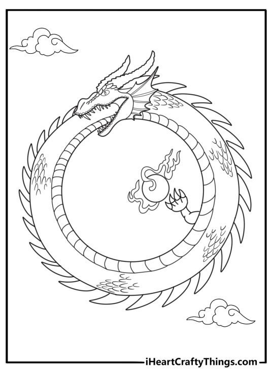 Chinese dragon circling a pearl coloring sheet for kids