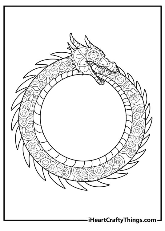 Chinese dragon curled in a circle mandala style coloring page for adults