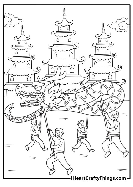 Chinese dragon dancing at festival coloring page