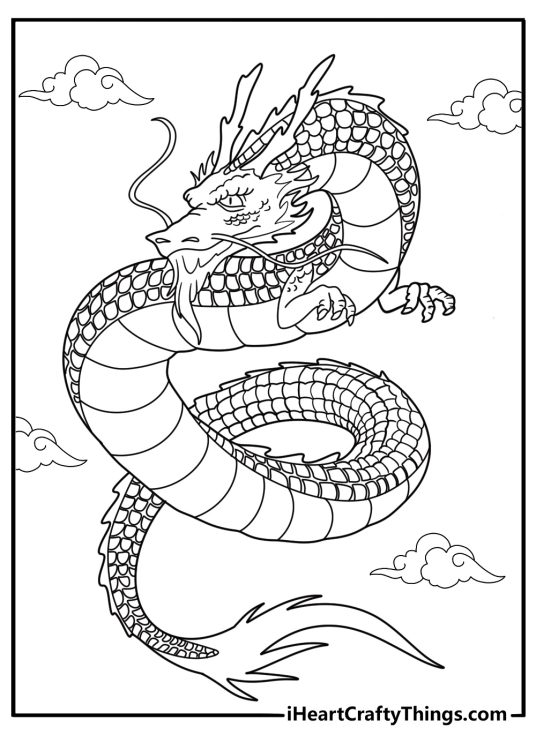 Chinese dragon flying through clouds detailed coloring page