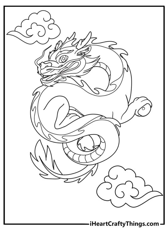 Chinese dragon flying through clouds detailed coloring page