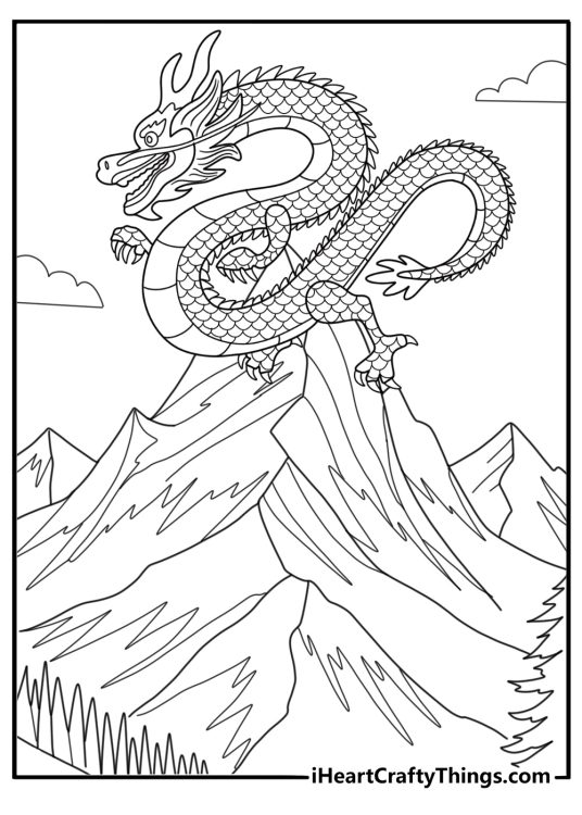 Chinese dragon on a mountain peak coloring page