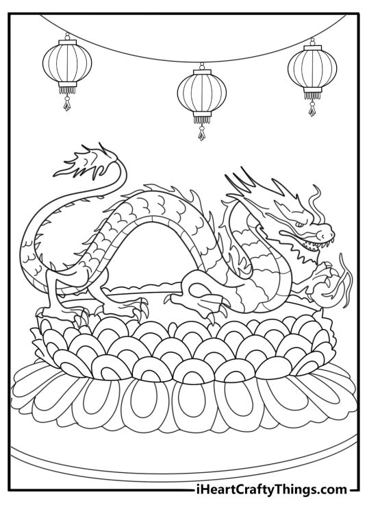Chinese dragon statue with lotus flowers coloring sheet