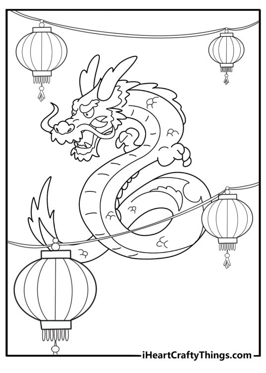 Chinese dragon surrounded by lanterns easy coloring sheet
